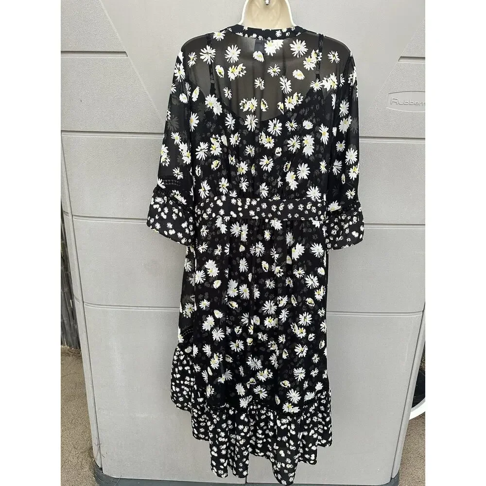 CAbi Daisy Print 2 Piece Chiffon Dress/Duster Wrap Black & White Sz L COTTAGE - Picture 12 of 16